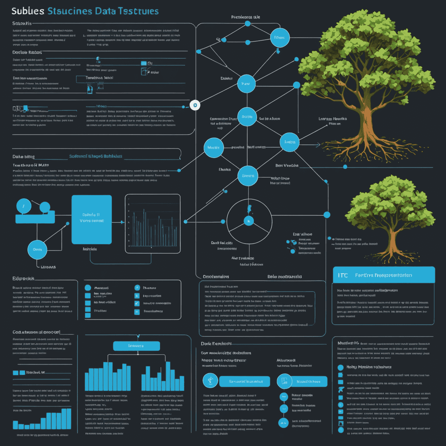 Diagrama que muestra diferentes estructuras de datos como árboles, grafos y tablas hash, junto con representaciones visuales de algoritmos de ordenamiento y búsqueda. El diagrama utiliza los colores del esquema de la página: gris oscuro para los bordes, azul eléctrico para resaltar elementos importantes, y fondo blanco.