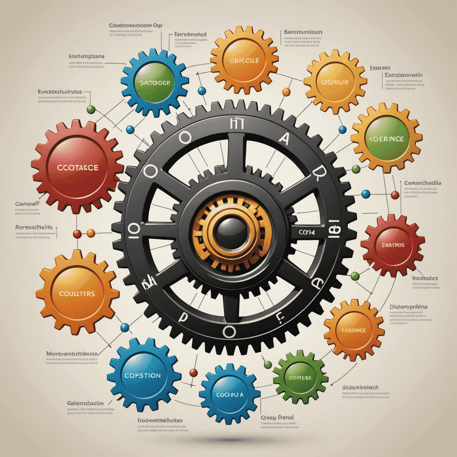 Imagen que muestra un diagrama de clases y objetos, con flechas que indican herencia y composición. Los objetos están representados como engranajes interconectados, simbolizando la naturaleza modular de la POO.