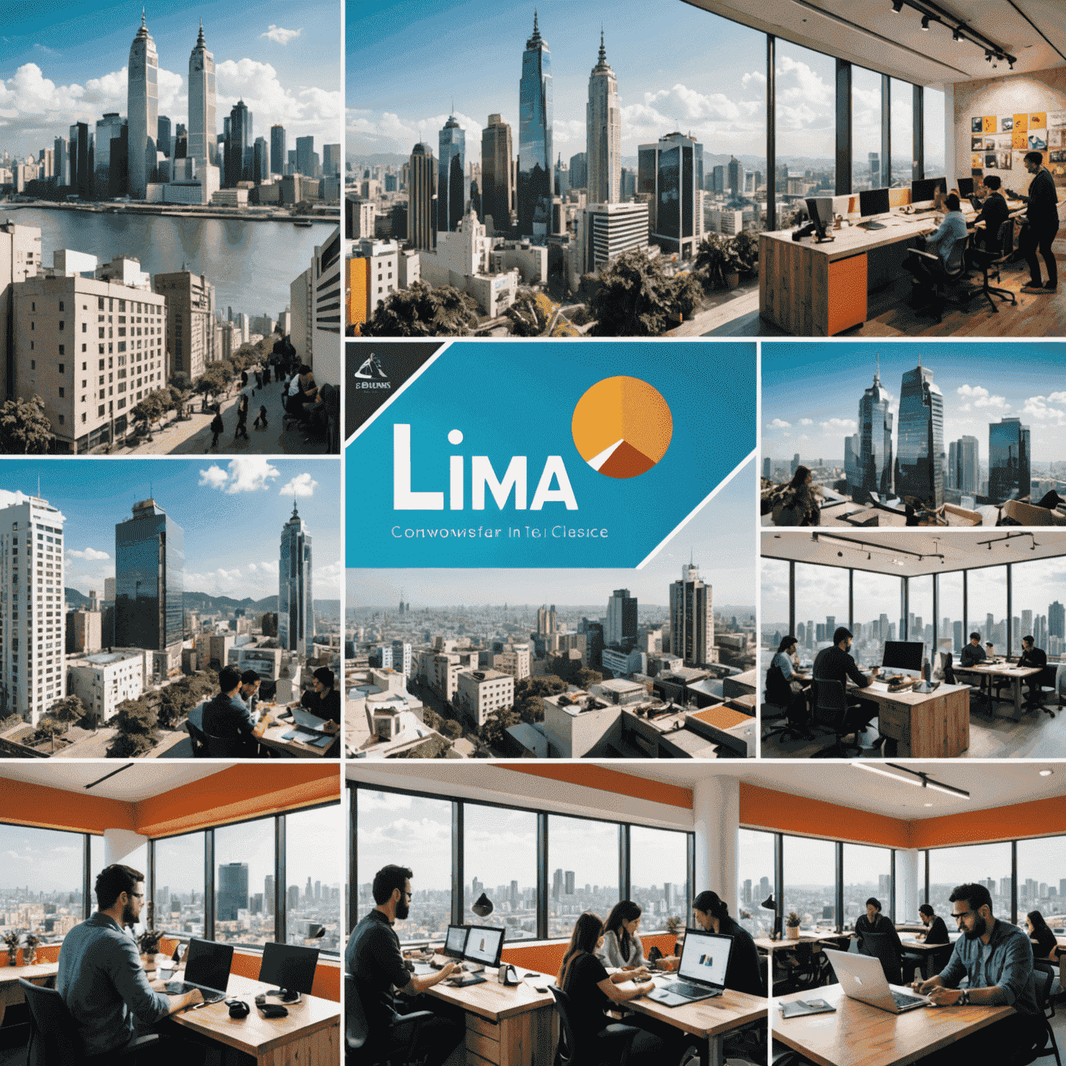 Collage que muestra el skyline de Lima, logos de empresas tecnológicas peruanas, y personas trabajando en espacios de coworking modernos